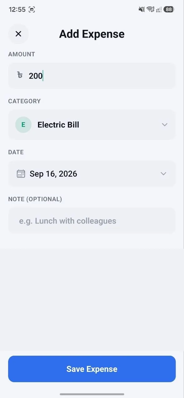Add an expense with category, date & note