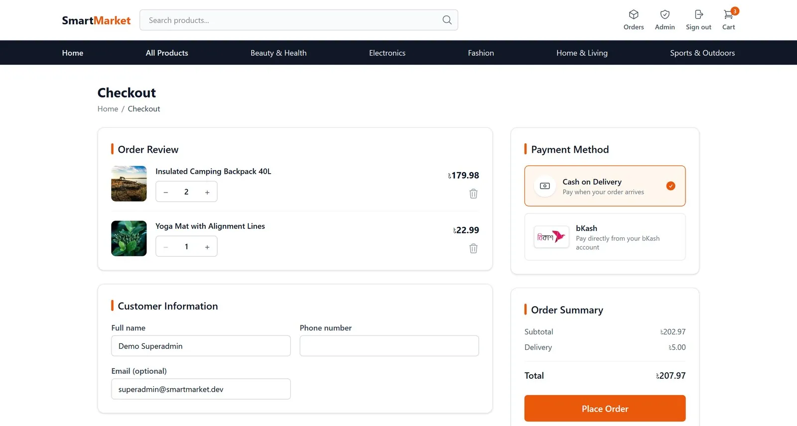 Checkout with Cash on Delivery & bKash payment