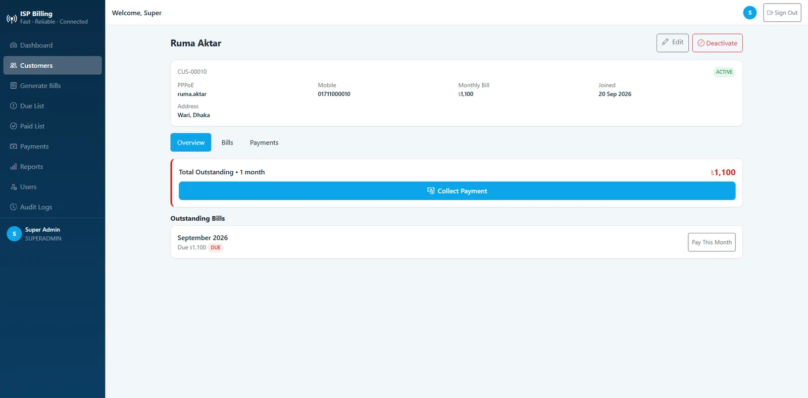 Customer profile - outstanding bills & one-click payment collection
