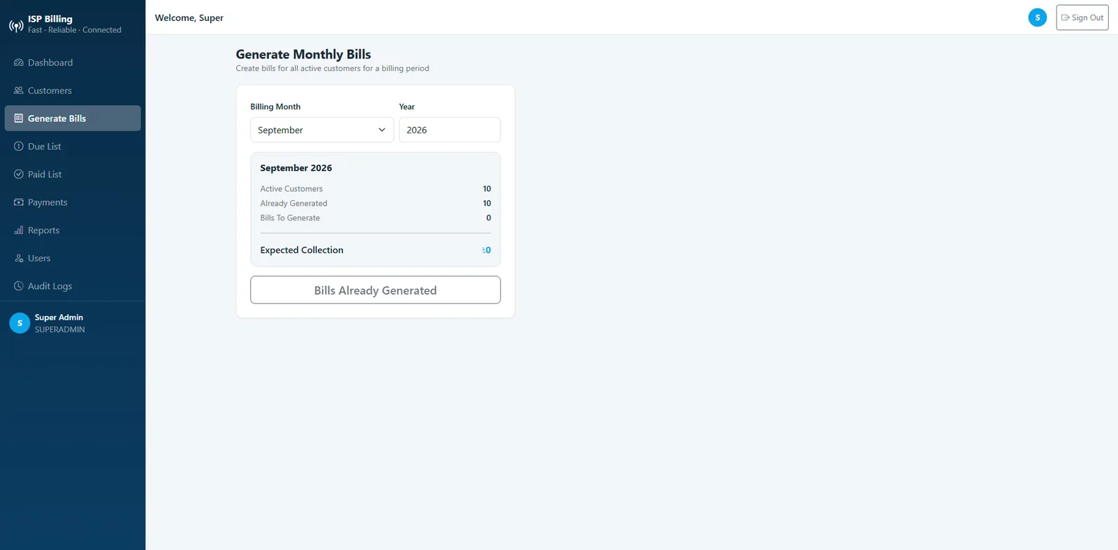 Generate monthly bills for every active customer in one click