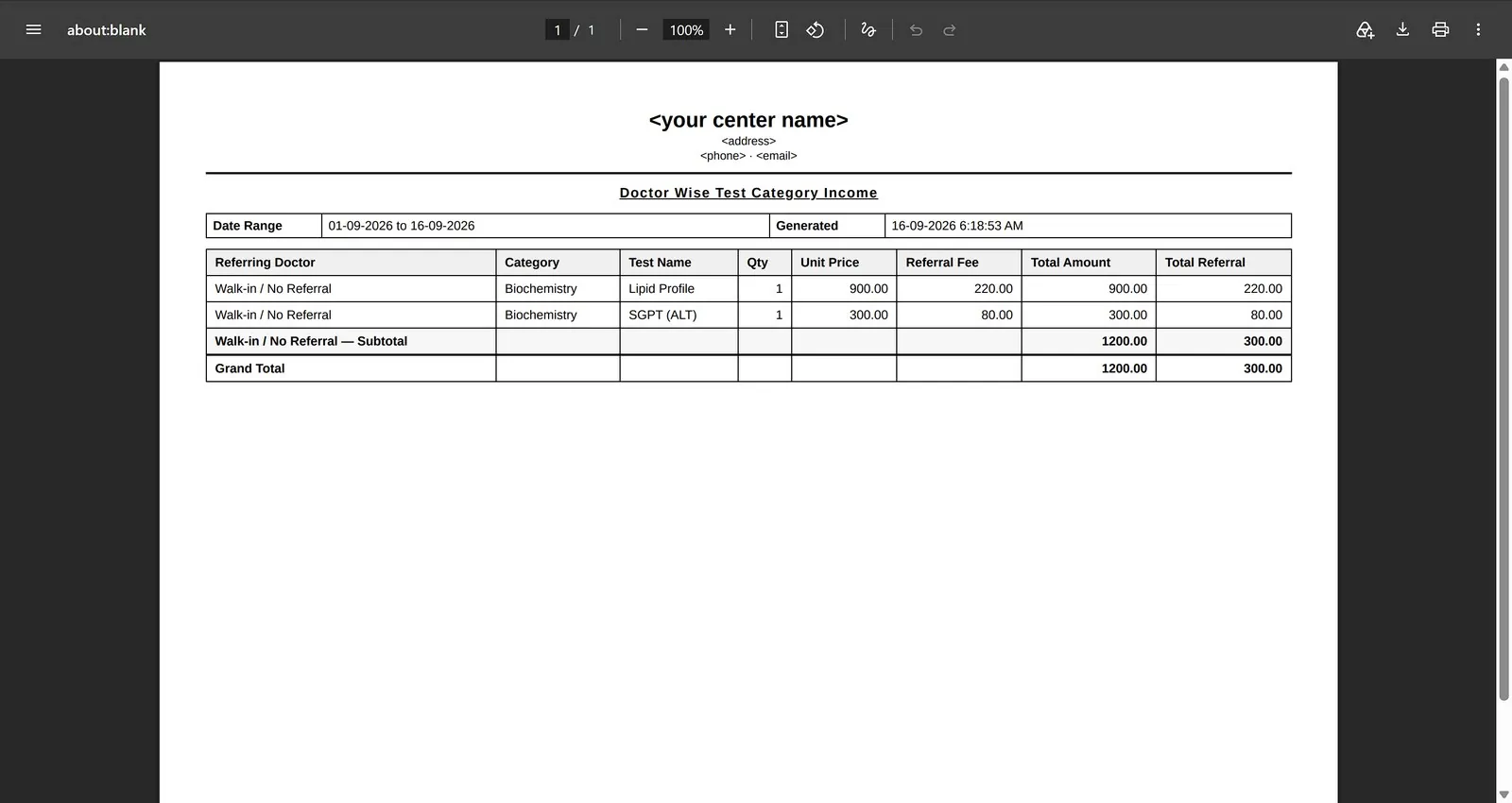 Doctor-wise income & referral report, generated on demand