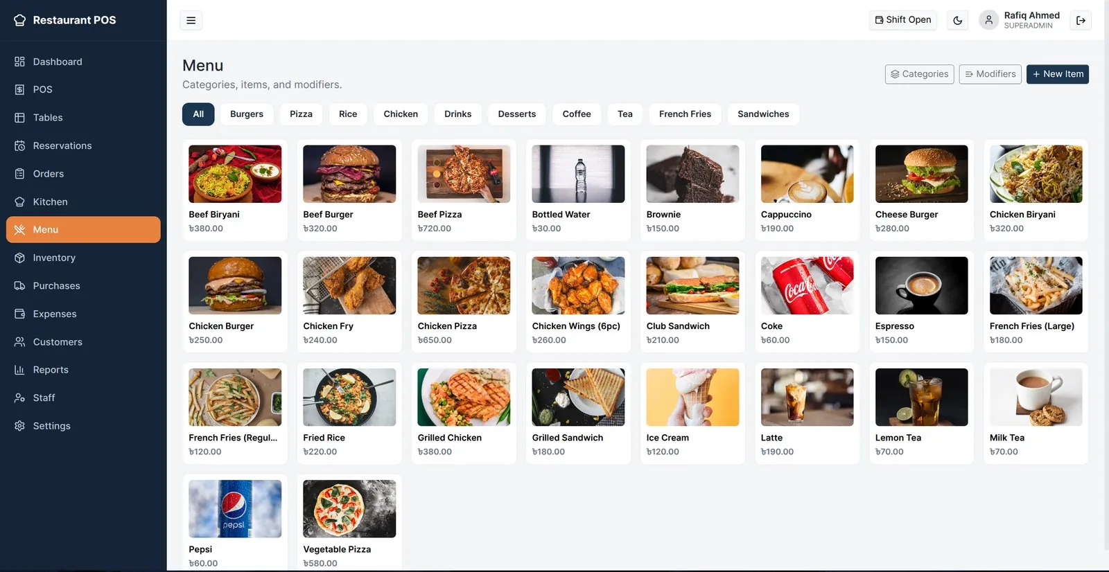 Menu management with categories, photos & modifiers
