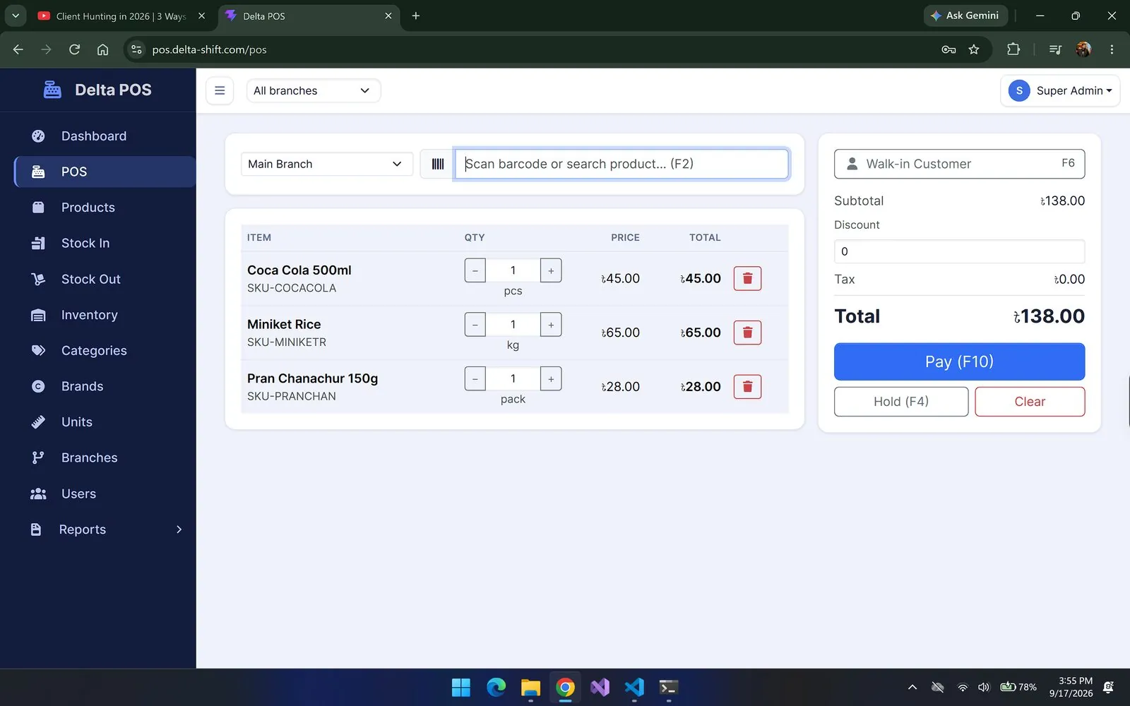 POS screen - barcode search, live cart & one-key checkout