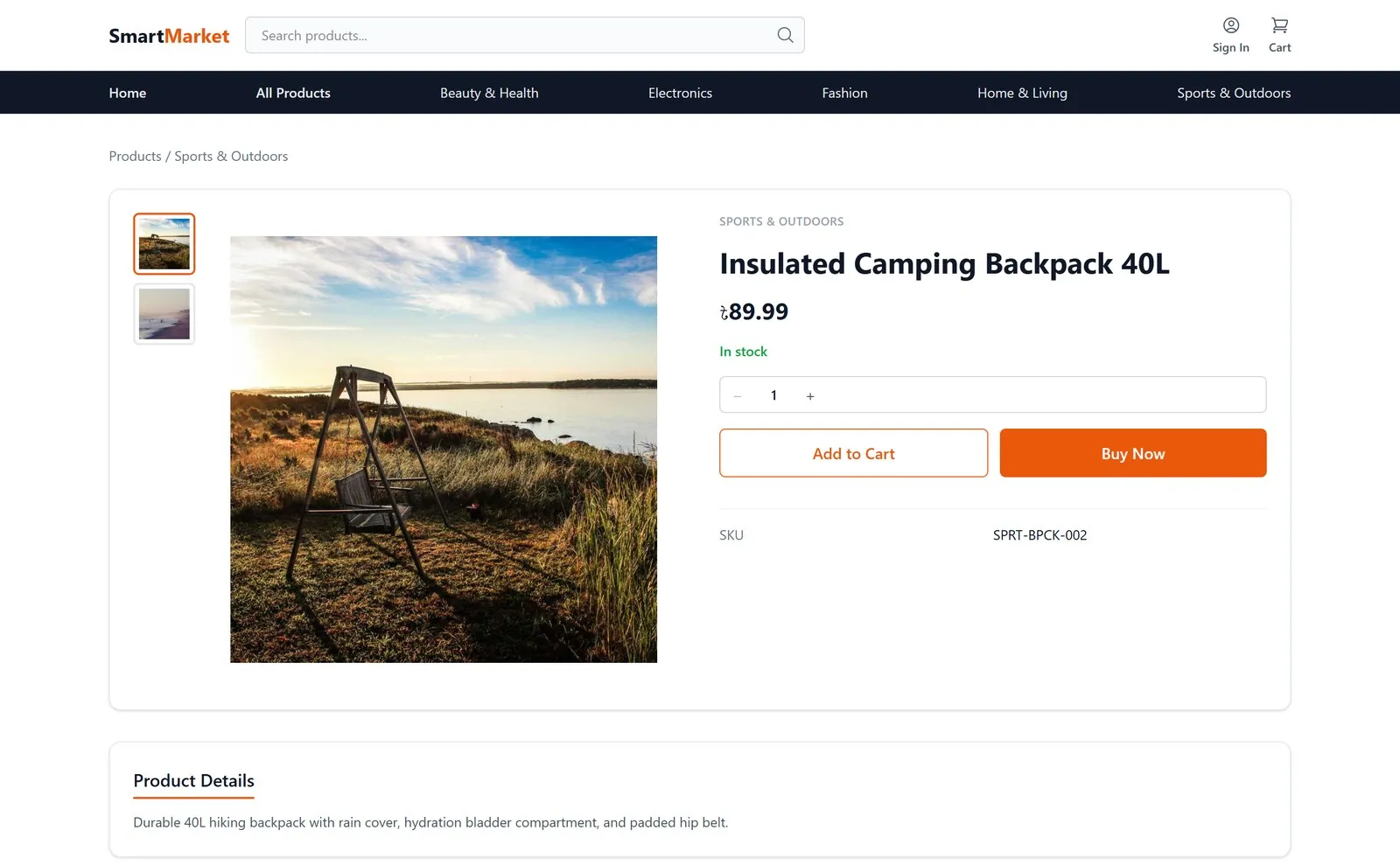 Product page with live stock, pricing & related items
