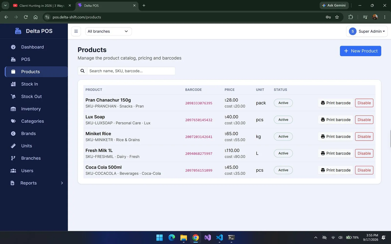 Product catalog with SKU, barcode, pricing & unit