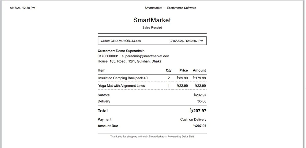 Printable sales receipt, generated per order