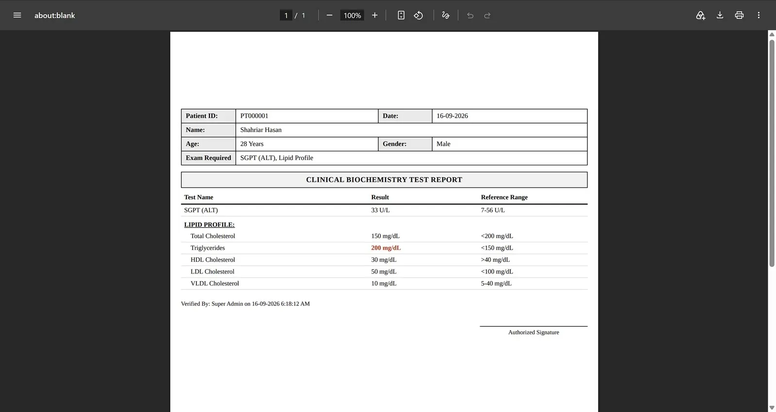 Patient-ready clinical report, generated as a print/PDF export