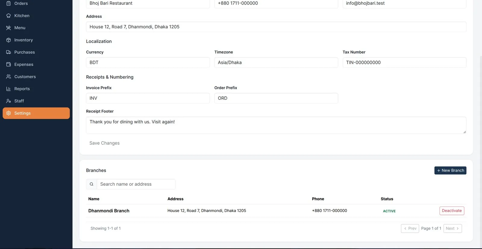 Restaurant settings, receipt footer & branches