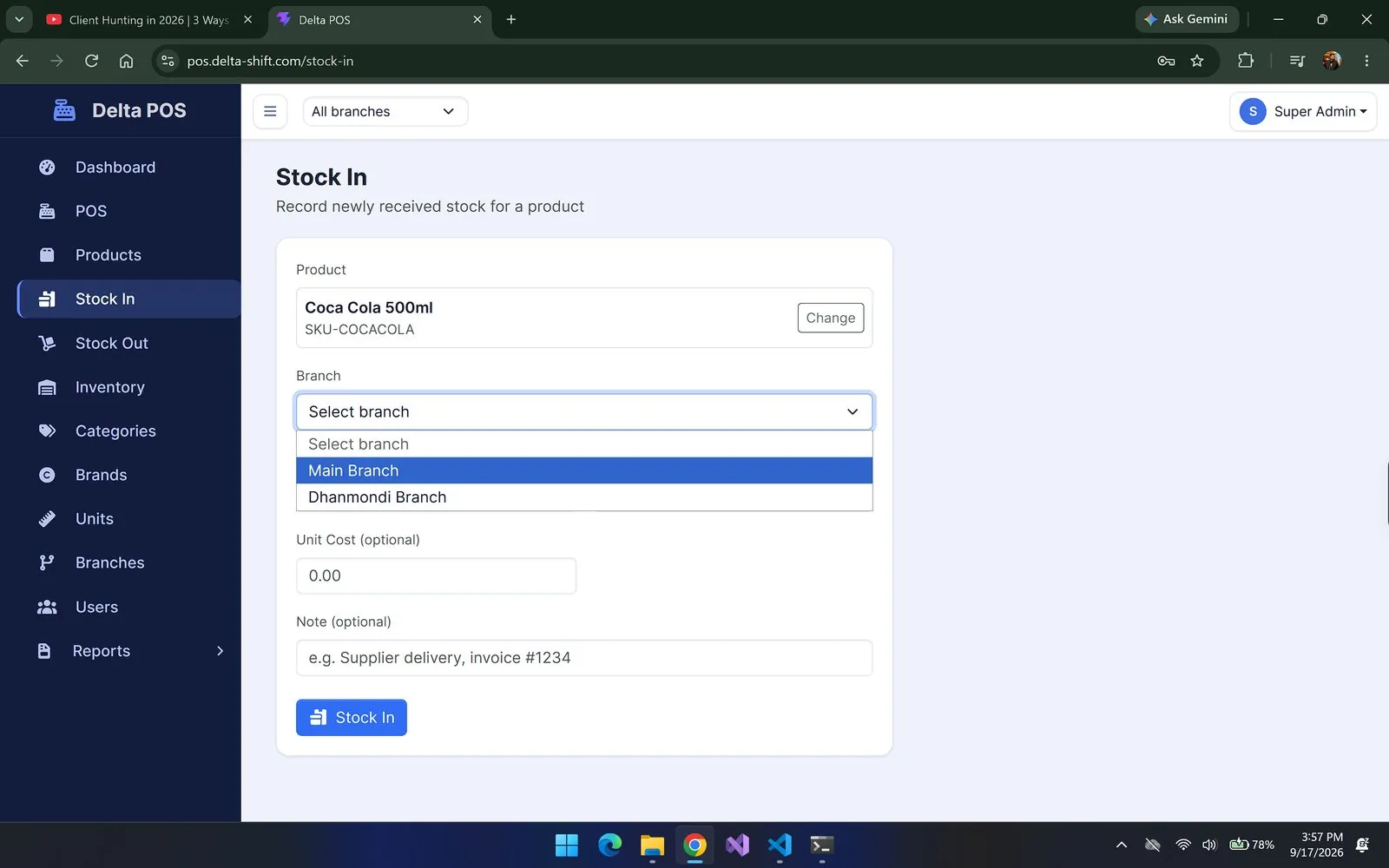 Stock-in by branch, with unit cost & note per delivery