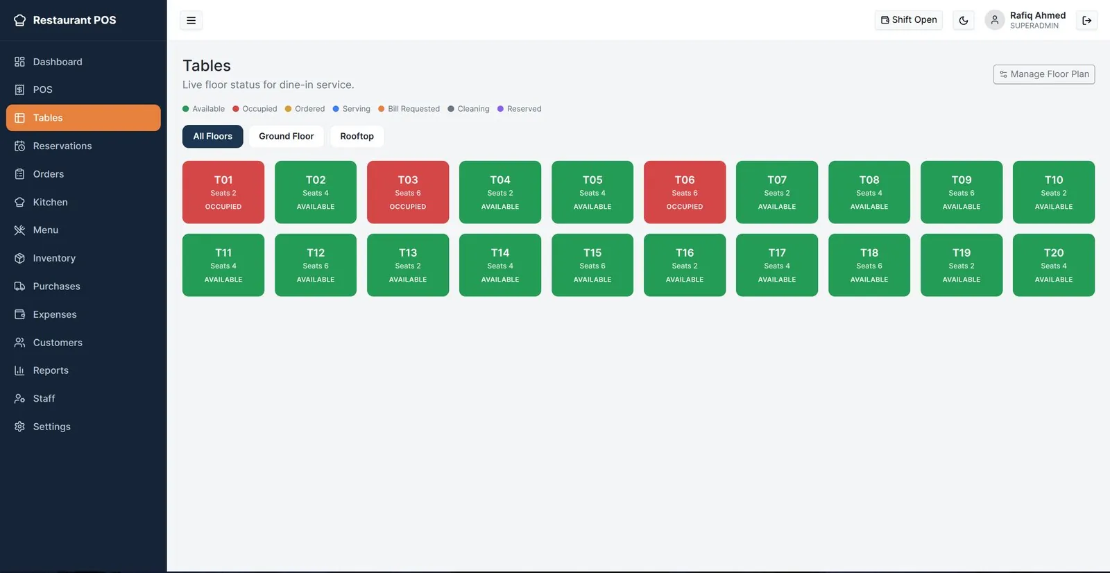 Live table status across every floor